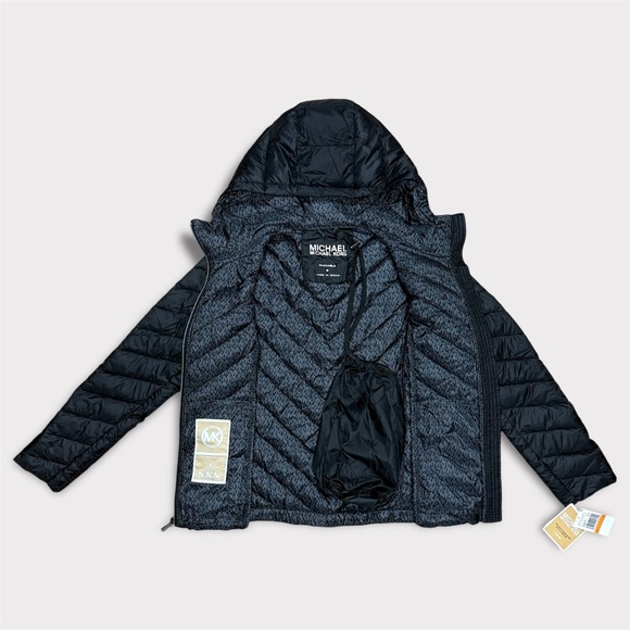 NWT MICHAEL MICHAEL KORS Hooded Packable Chevron Quilted Jacket Black - Picture 4 of 12